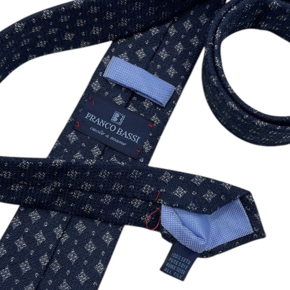 FRANCO BASSI Navy/Silver Geometric Silk LUXURY Slim Tie HANDMADE ITALY - Picture 4 of 5